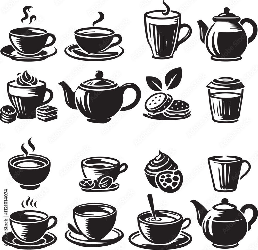 A simple and elegant black-and-white vector icon of a coffee and tea cup, perfect for logos, branding, and web design. Scalable and versatile for various creative projects and food-related themes. A simple and elegant black-and-white vector icon of a coffee and tea cup, perfect for logos, branding, and web design. Scalable and versatile for various creative projects and food-related themes.