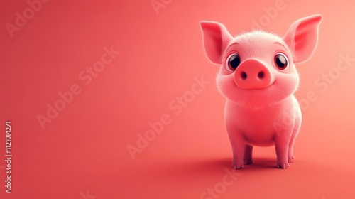 Adorable pink piglet baby with big eye on pink background