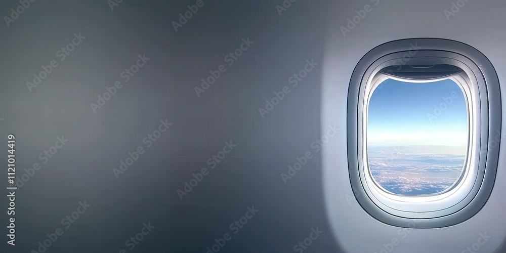 Aerial View Through Airplane Window Showcasing Clear Blue Sky With Clouds and Landscape in Background Captured From Inside Aircraft Passenger Cabin Aerial View Through Airplane Window Showcasing Clear Blue Sky With Clouds and Landscape in Background Captured From Inside Aircraft Passenger Cabin