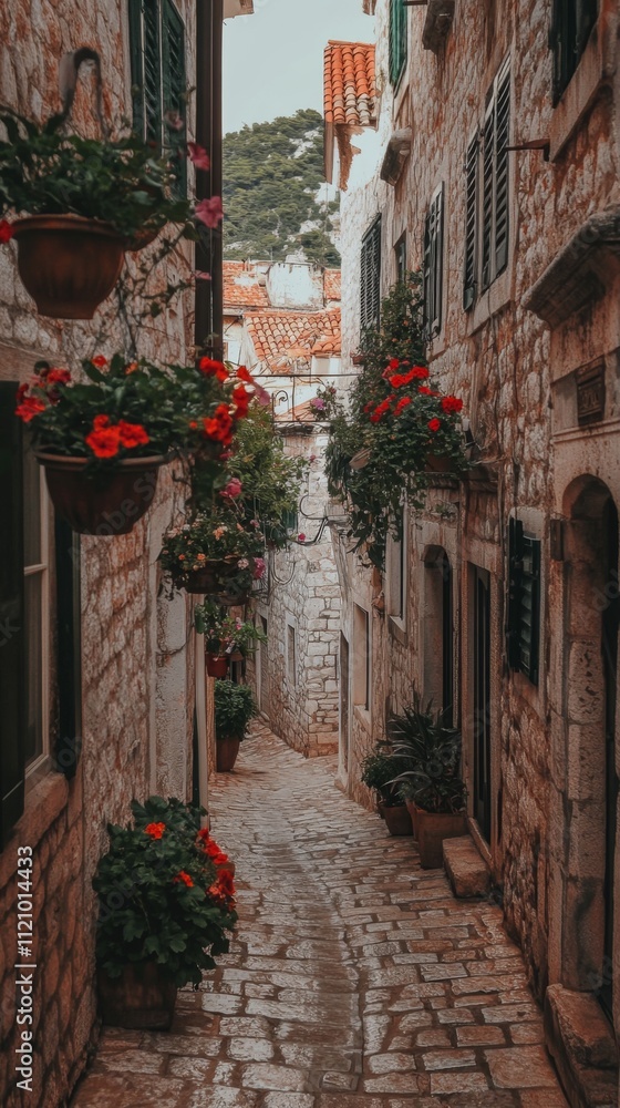Fototapeta premium Charming European Alleyway with Colorful Flowers
