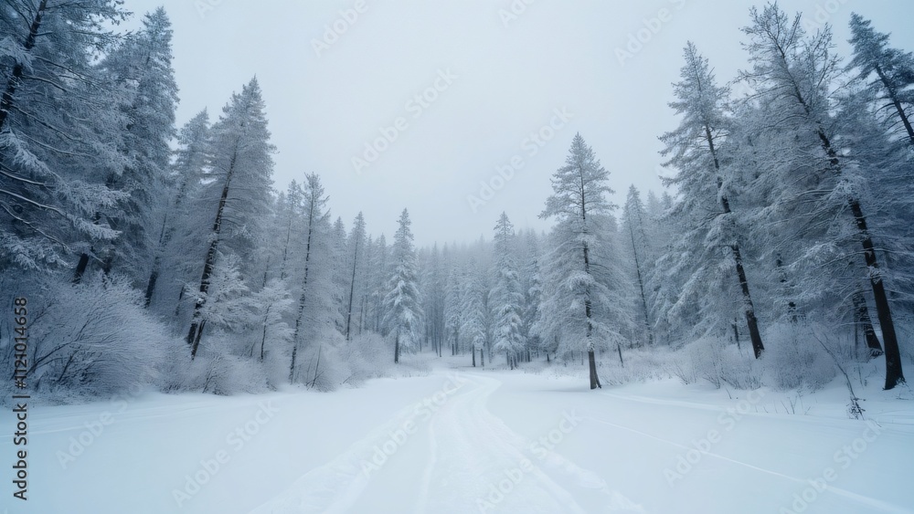Serene Winter Wonderland, Snow-Covered Pine Forest Path, Distant View, Rippled Snowscape, Landscape Painting Aesthetic Serene Winter Wonderland, Snow-Covered Pine Forest Path, Distant View, Rippled Snowscape, Landscape Painting Aesthetic