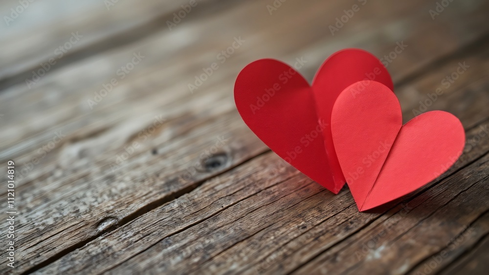 Romantic Valentine's Day Banner, Two Red Paper Hearts on Rustic Wooden Background - Stock Photo Romantic Valentine's Day Banner, Two Red Paper Hearts on Rustic Wooden Background - Stock Photo