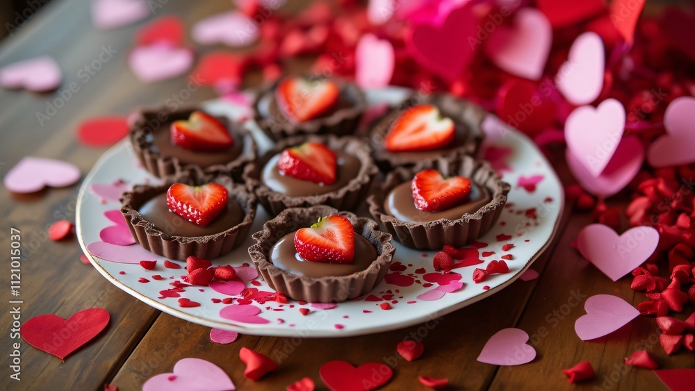 Delicious Heart-Shaped Chocolate Tarts with Strawberries for Valentine's Day Delicious Heart-Shaped Chocolate Tarts with Strawberries for Valentine's Day