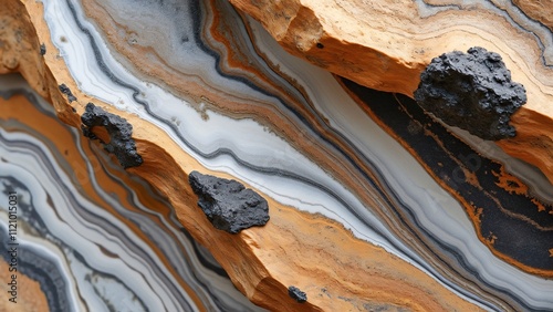 Stunning Close-Up of Chekka, Lebanon Rock Formations, Abstract Marble-Like Patterns in Brown, Gray, Orange & White with Black Mineral Deposits photo