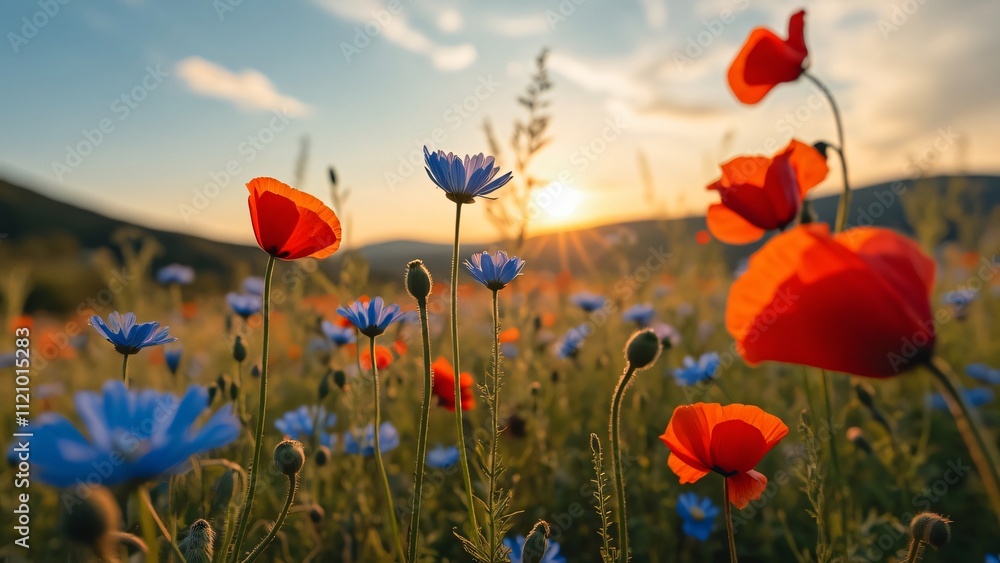 Obraz premium Vibrant Sunset Wildflower Meadow, Poppies and Cornflowers