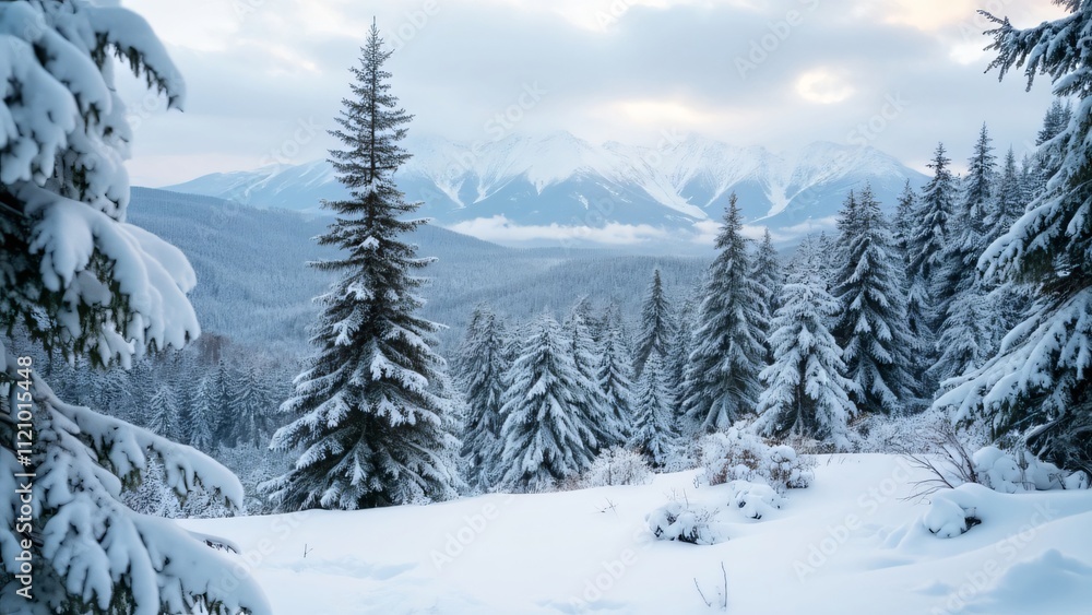 Serene Winter Wonderland, Snow-Covered Pine Forest with Majestic Mountain Range Serene Winter Wonderland, Snow-Covered Pine Forest with Majestic Mountain Range