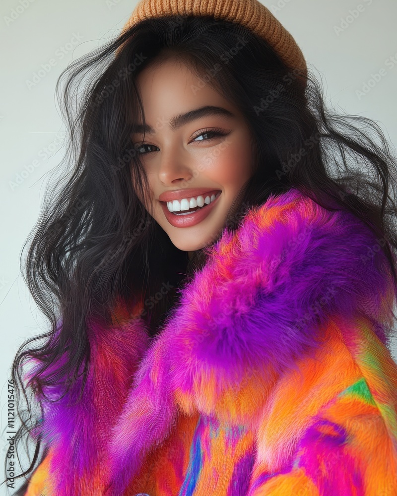 A woman wearing a beanie and a floral color fur jacket A woman wearing a beanie and a floral color fur jacket