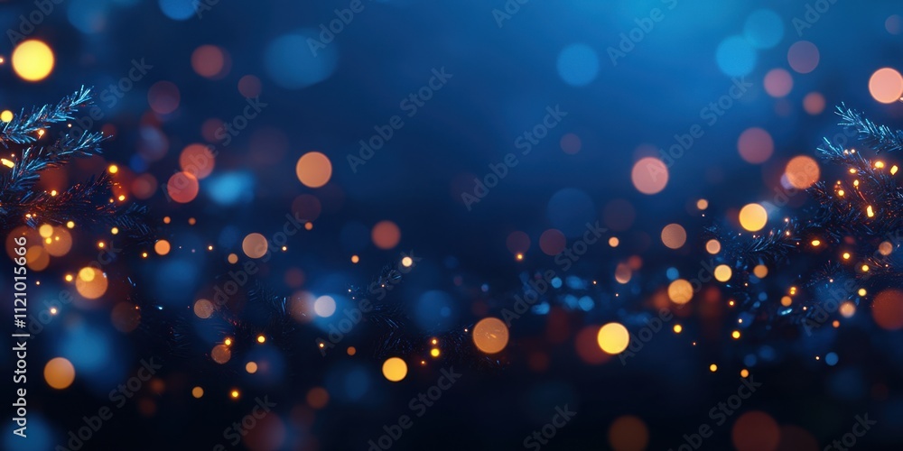 Festive christmas tree branches adorned with string garland lights, ornaments, and pine cones Festive christmas tree branches adorned with string garland lights, ornaments, and pine cones