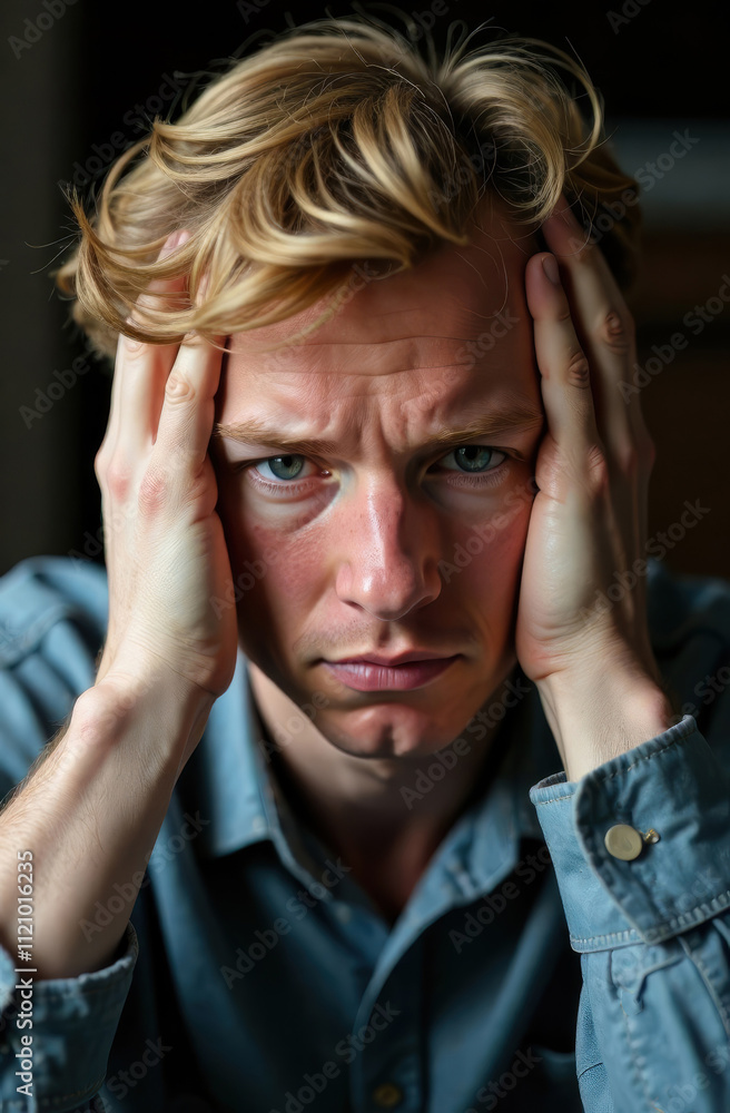 A close-up portrait of a blond man holding his head, looking straight ahead, suffering from a headache and migraine A close-up portrait of a blond man holding his head, looking straight ahead, suffering from a headache and migraine