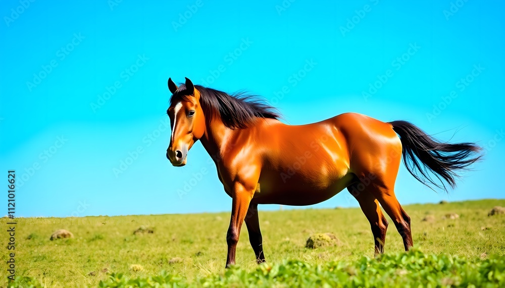 Majestic Horse Standing on a Green Field Under Clear Blue Sky Majestic Horse Standing on a Green Field Under Clear Blue Sky