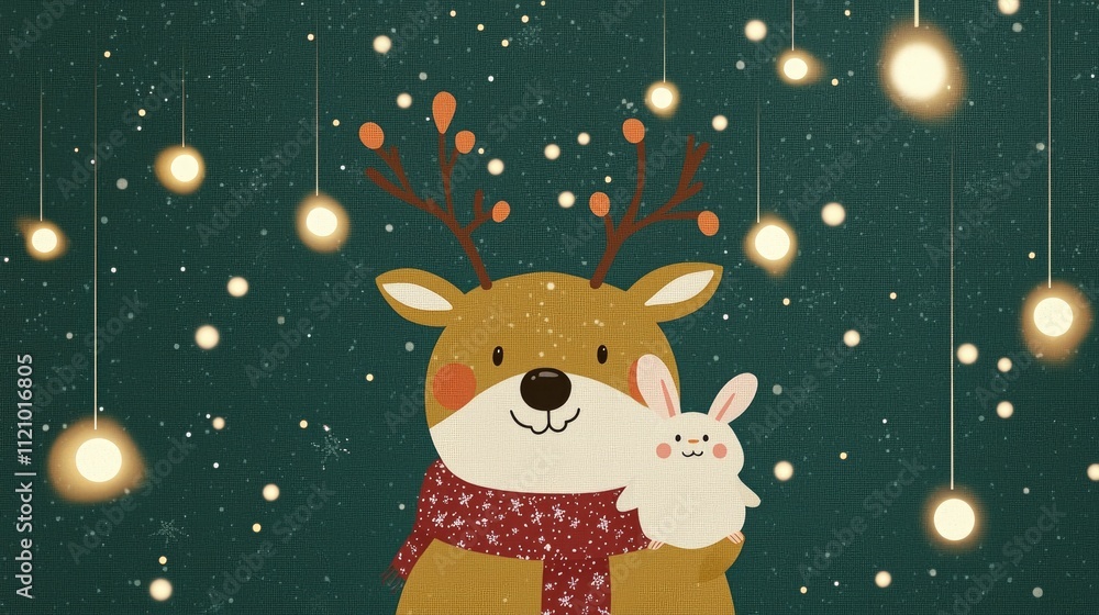 Fototapeta premium Cute Reindeer and Bunny in Winter Wonderland with Lights