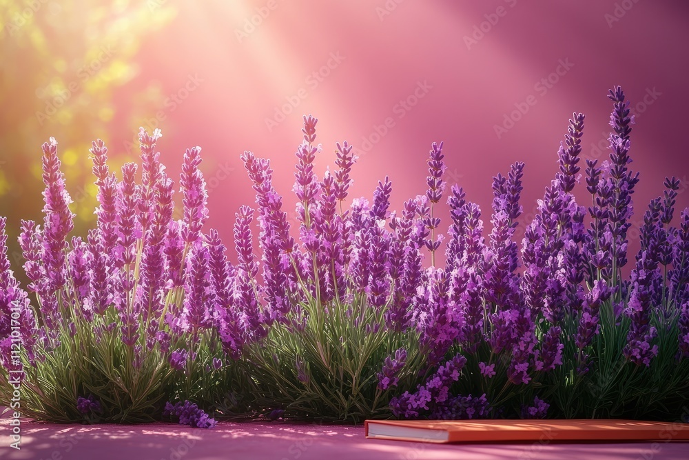 Naklejka premium Vibrant lavender blossoms in sunlight, book below. Perfect for relaxation, nature, and serenity themes.