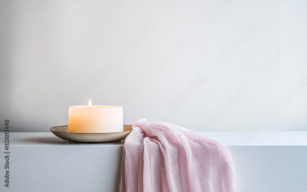Candle on a minimalist table with a soft towel creating a calming atmosphere Candle on a minimalist table with a soft towel creating a calming atmosphere