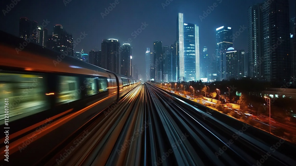 Fototapeta premium Night cityscape with high-speed train.