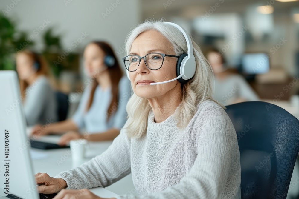Customer Service Professional: A mature woman with gray hair and glasses, wearing a headset, looks intently at a computer screen, focused on providing excellent customer service. Customer Service Professional: A mature woman with gray hair and glasses, wearing a headset, looks intently at a computer screen, focused on providing excellent customer service.