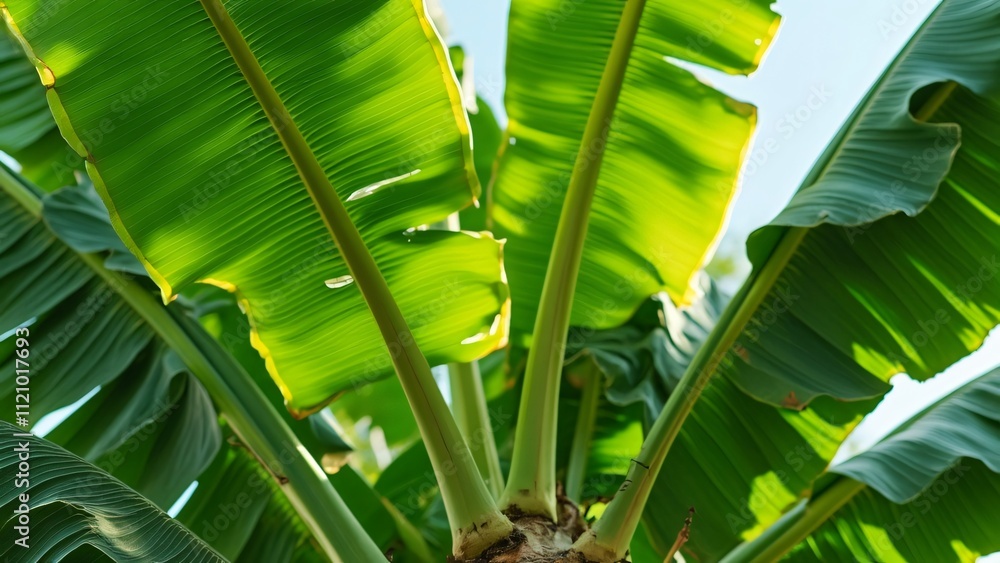 Obraz premium Majestic Banana Tree Leaves, Close-up Macro Photography of Vibrant Green Foliage in Sunlight
