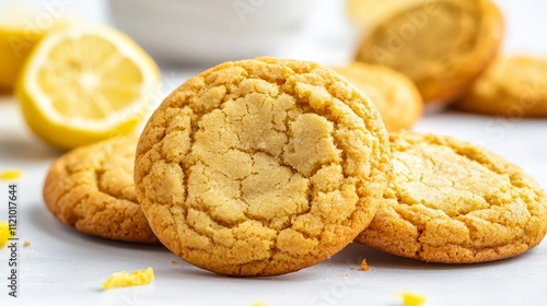 Lemon cookies homemade crunchy concept. Lemon cookies arranged with fresh lemon slices in the background.