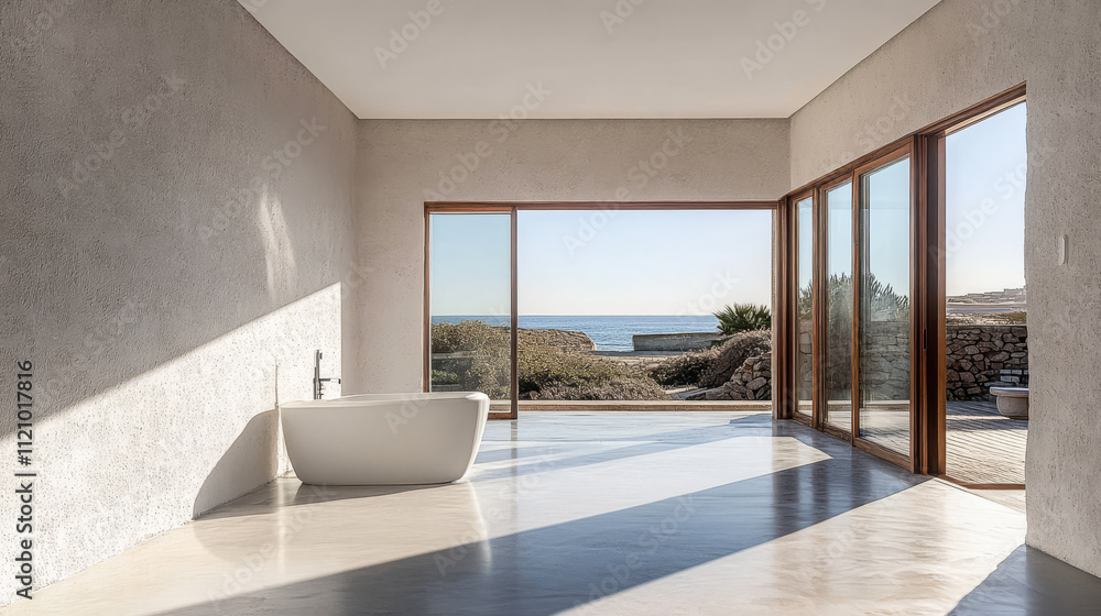 Fototapeta premium Modern bathroom with ocean view and minimalist design in bright natural light