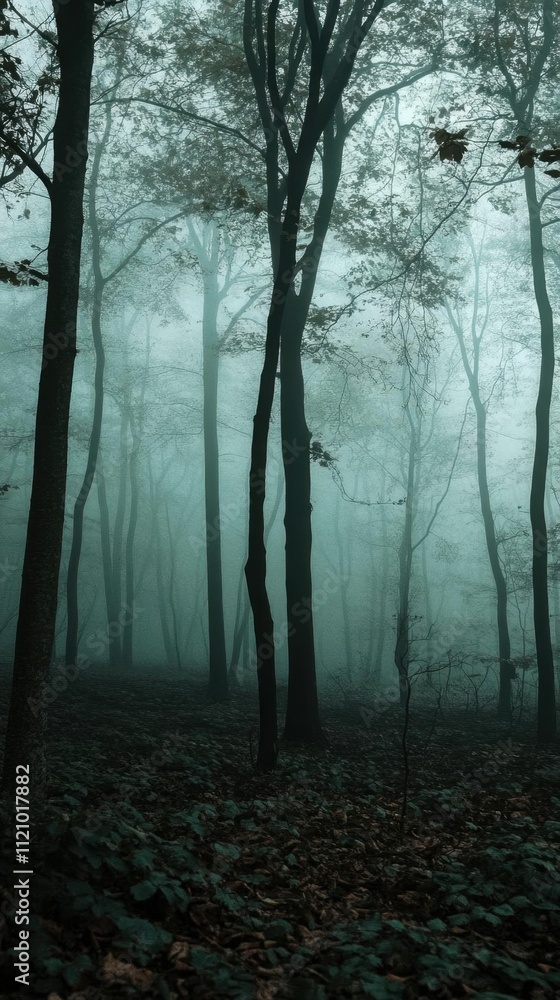 Obraz premium A misty forest scene with tall trees shrouded in fog.