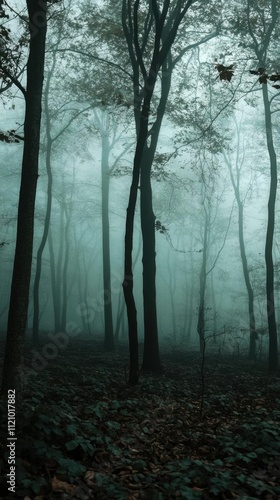 A misty forest scene with tall trees shrouded in fog.