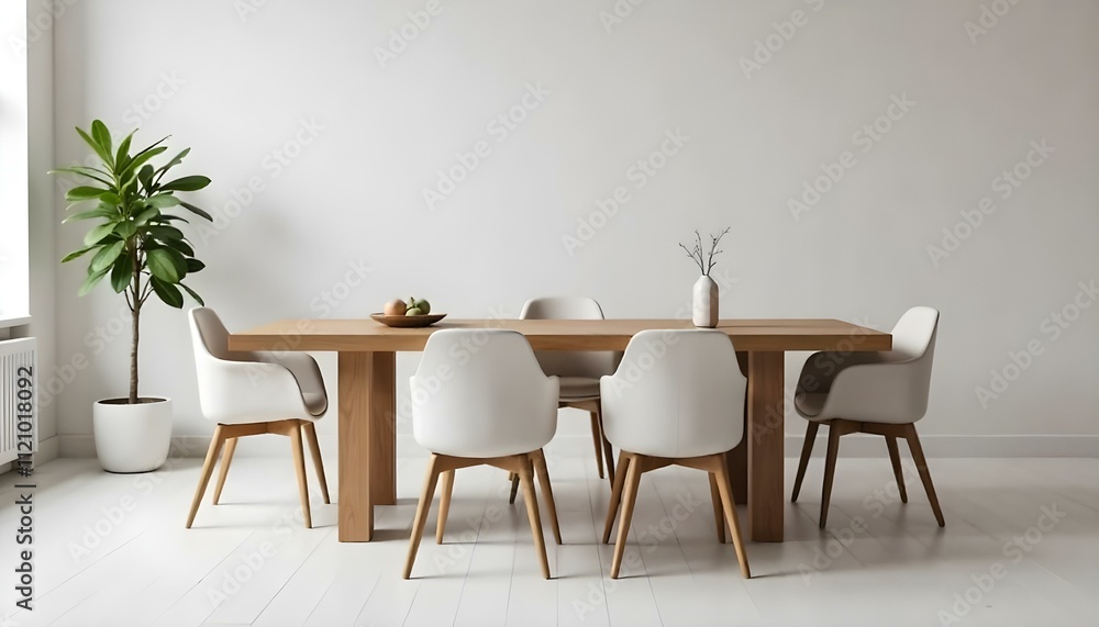 A modern dining room with a wooden table and white chairs, a potted plant , and a minimalist decor A modern dining room with a wooden table and white chairs, a potted plant , and a minimalist decor