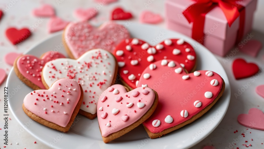 Obraz premium Delicious Valentine's Day Heart Cookies, Pink & Red Gingerbread Treats on White Plate with Gift Box