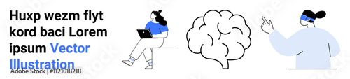 Woman using a laptop, brain diagram, person with VR headset, tech solutions, innovation, education, remote work, data analysis, and AI concepts. Ideal for technology blogs, educational content