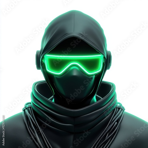 A cyberpunk hacker isolated on white background for futuristic technology concepts photo