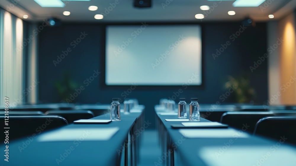 Meeting Room in Soft Focus, Highlighting a Projector Screen and Neatly Positioned Chairs Meeting Room in Soft Focus, Highlighting a Projector Screen and Neatly Positioned Chairs