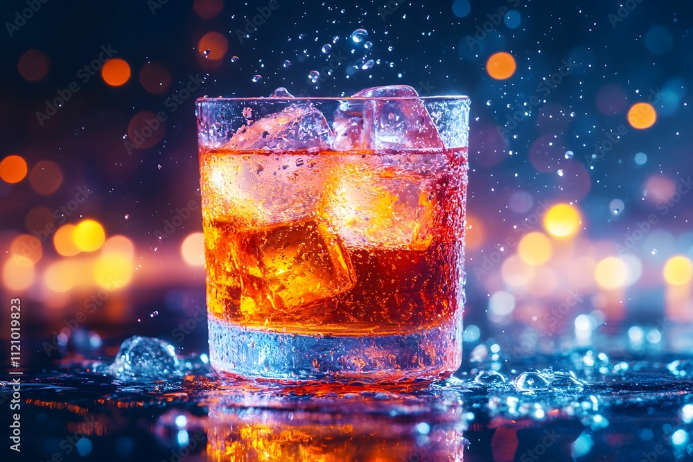 A vibrant drink with ice cubes, surrounded by splashes of water and colorful bokeh lights, creating a refreshing and lively atmosphere. A vibrant drink with ice cubes, surrounded by splashes of water and colorful bokeh lights, creating a refreshing and lively atmosphere.