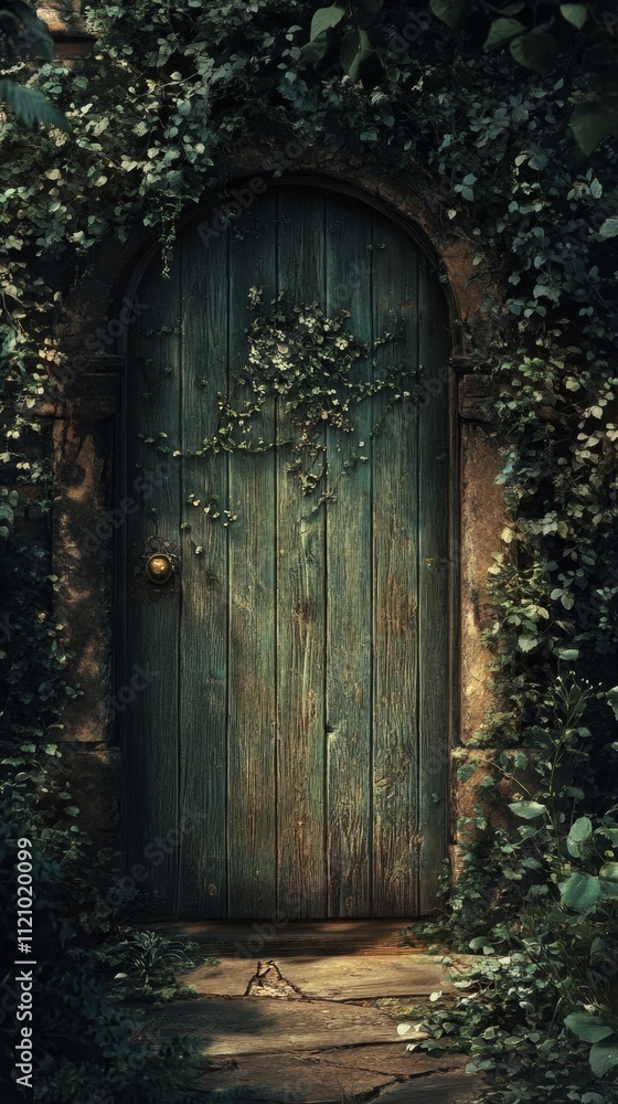 Enchanted Wooden Doorway in a Lush Garden Enchanted Wooden Doorway in a Lush Garden