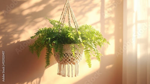 Lush green fern in a macrame hanging planter, bathed in warm sunlight against a peach wall. photo