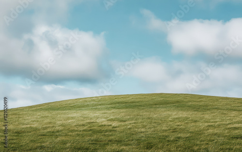 Rolling green hill under a cloudy sky in a serene countryside landscape