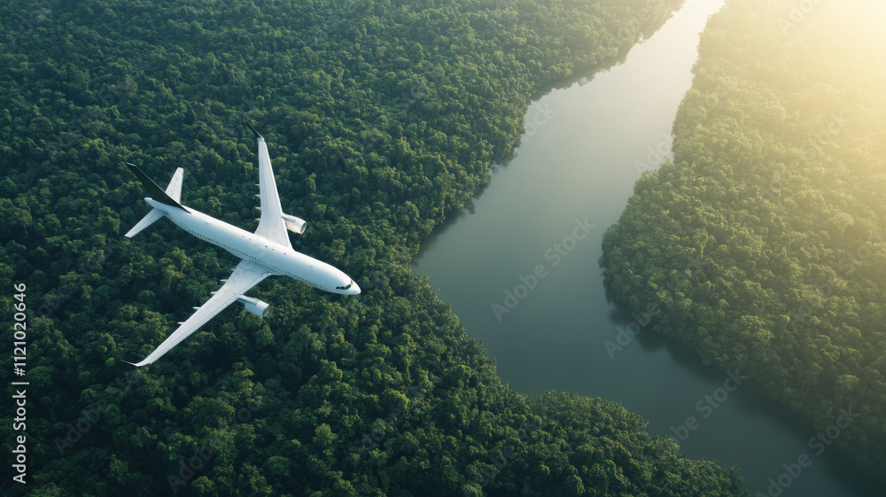 Fototapeta premium Aerial view of airplane flying over dense rainforest and river, showcasing beauty of nature and travel