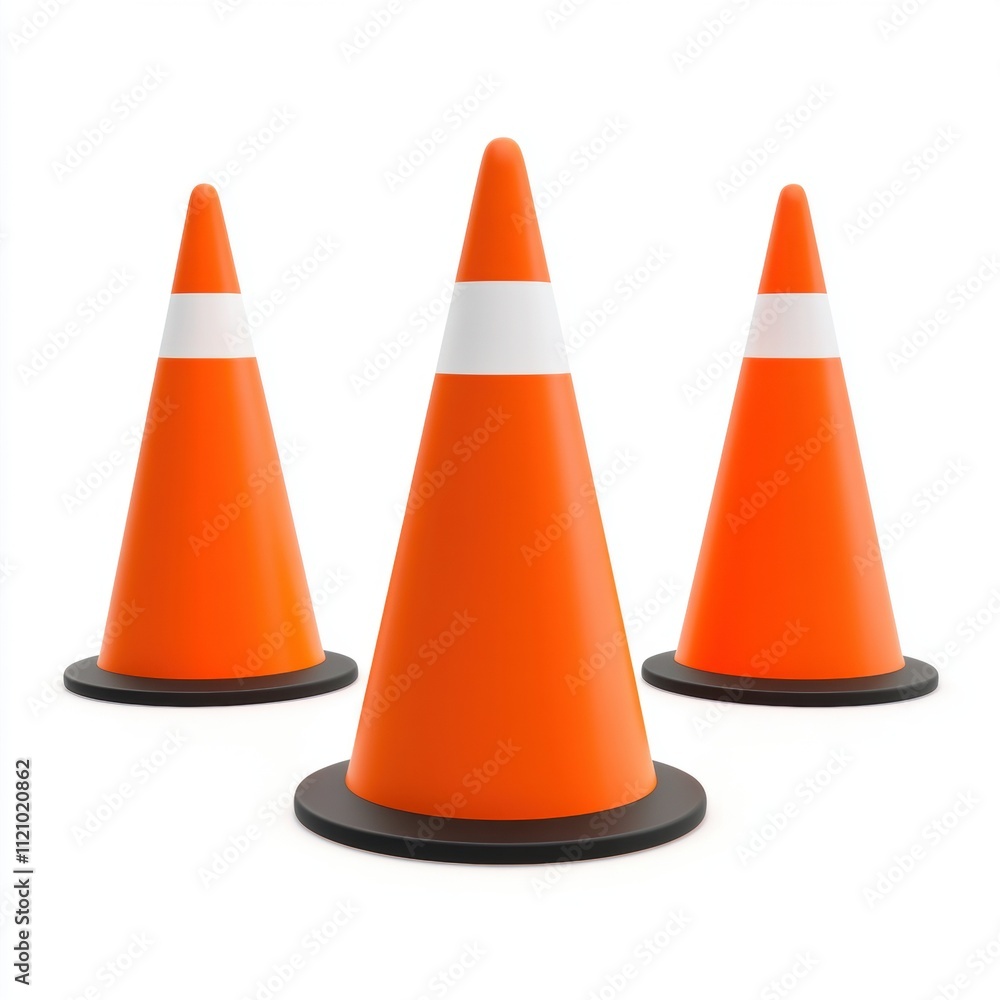 A set of bright orange training cones isolated on white background for sports and fitness promotions A set of bright orange training cones isolated on white background for sports and fitness promotions
