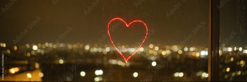Heart shape drawn on rain-covered window with blurred city lights in background, creating a romantic urban atmosphere
