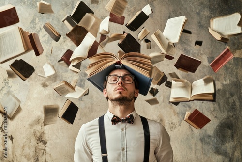 A half-length portrait with books flying out of the subject's head, representing the abundance of knowledge and ideas, Portrait with flying books scene photo