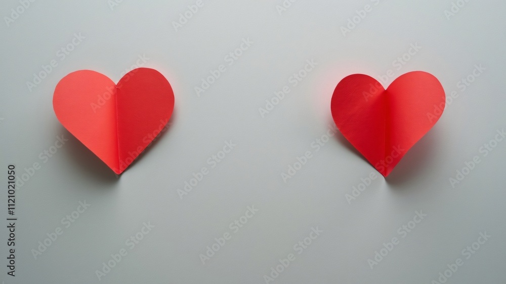 Two Red Paper Hearts on Grey Background, Valentine's Day Love Concept. Minimalist design with folded paper hearts, perfect for romantic greeting cards, invitations, or social media Two Red Paper Hearts on Grey Background, Valentine's Day Love Concept. Minimalist design with folded paper hearts, perfect for romantic greeting cards, invitations, or social media