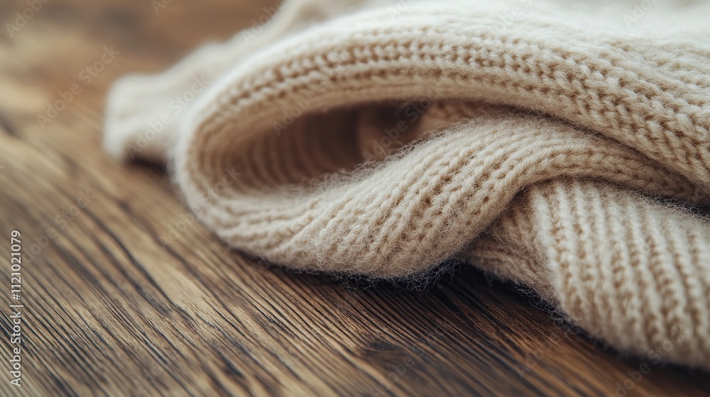 Close-up of a beige knitted sweater on a wooden surface. Close-up of a beige knitted sweater on a wooden surface.