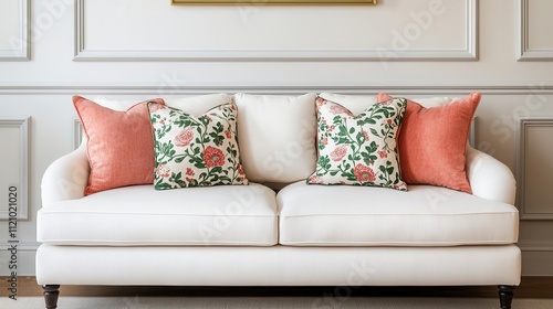 Elegant cream sofa with cute bunnythemed cushions, placed in a stylish living room with whimsical wall art, sofa, charming and sophisticated photo