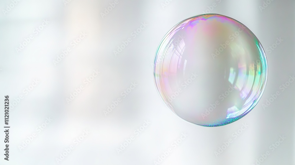 floating iridescent soap bubble against blurred white background under soft natural light floating iridescent soap bubble against blurred white background under soft natural light