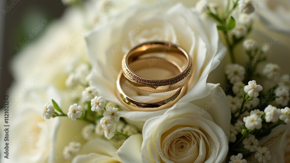 Close-up of Gold Wedding Rings Resting on a Delicate White Rose Bouquet, Natural Light Photography Close-up of Gold Wedding Rings Resting on a Delicate White Rose Bouquet, Natural Light Photography