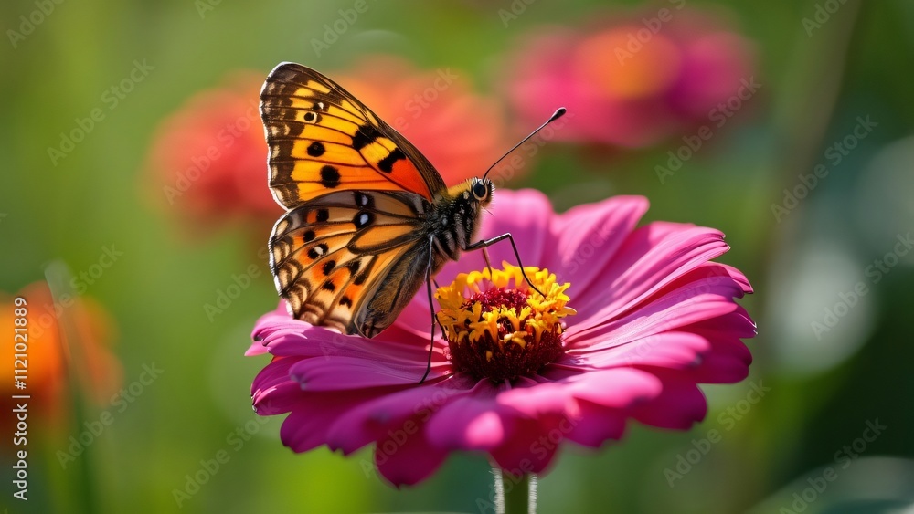 Vibrant Orange and Brown Butterfly on Pink Zinnia Flower - High Resolution Nature Close-up Vibrant Orange and Brown Butterfly on Pink Zinnia Flower - High Resolution Nature Close-up