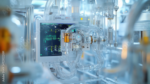 High tech ECMO machine with transparent tubing and digital display. This advanced medical equipment showcases intricate design and functionality, essential for patient care