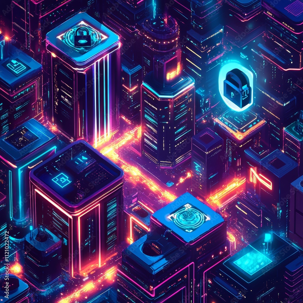 Fototapeta premium Vibrant Neon Cityscape Filled With Futuristic Technology Set Against a Digital Night Sky Bursting With Energy and Innovation