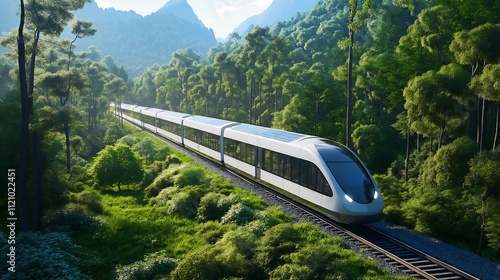 AA scenic railway powered by solar energy, with electric trains gliding through pristine natural landscapes photo