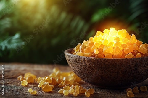 golden frankincense container glowing softly on rustic table with softly blurred greenery in background and ample copy