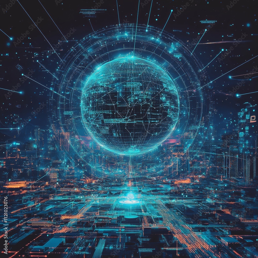 Futuristic Cityscape With Glowing Data Streams and Digital Globe Illuminating the Urban Skyline at Night Futuristic Cityscape With Glowing Data Streams and Digital Globe Illuminating the Urban Skyline at Night