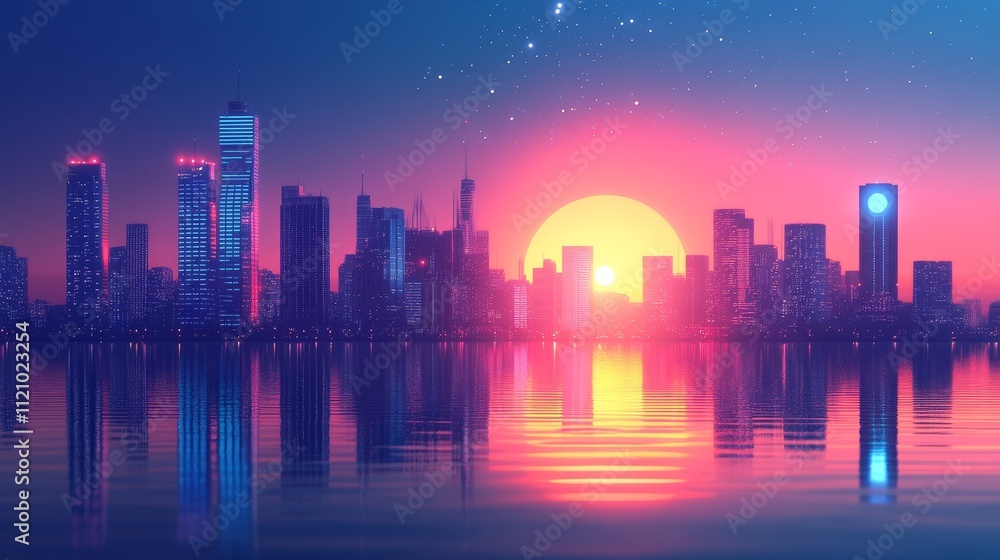 Obraz premium Vibrant Sunset Over a Futuristic Skyline Reflecting on Calm Waters During Twilight Hours, Showcasing the Beauty of Urban Life