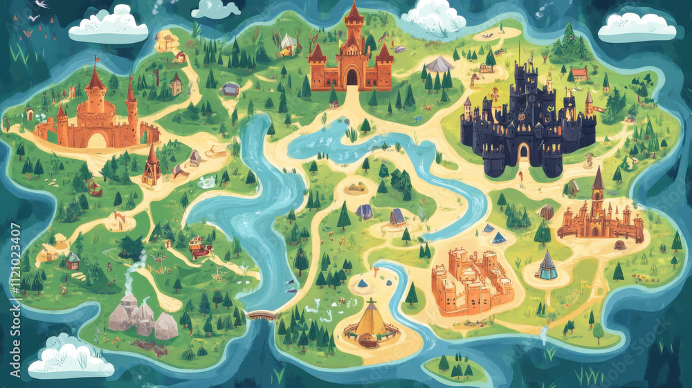 Fantasy map featuring castles, rivers, and treasure marks, showcasing ...